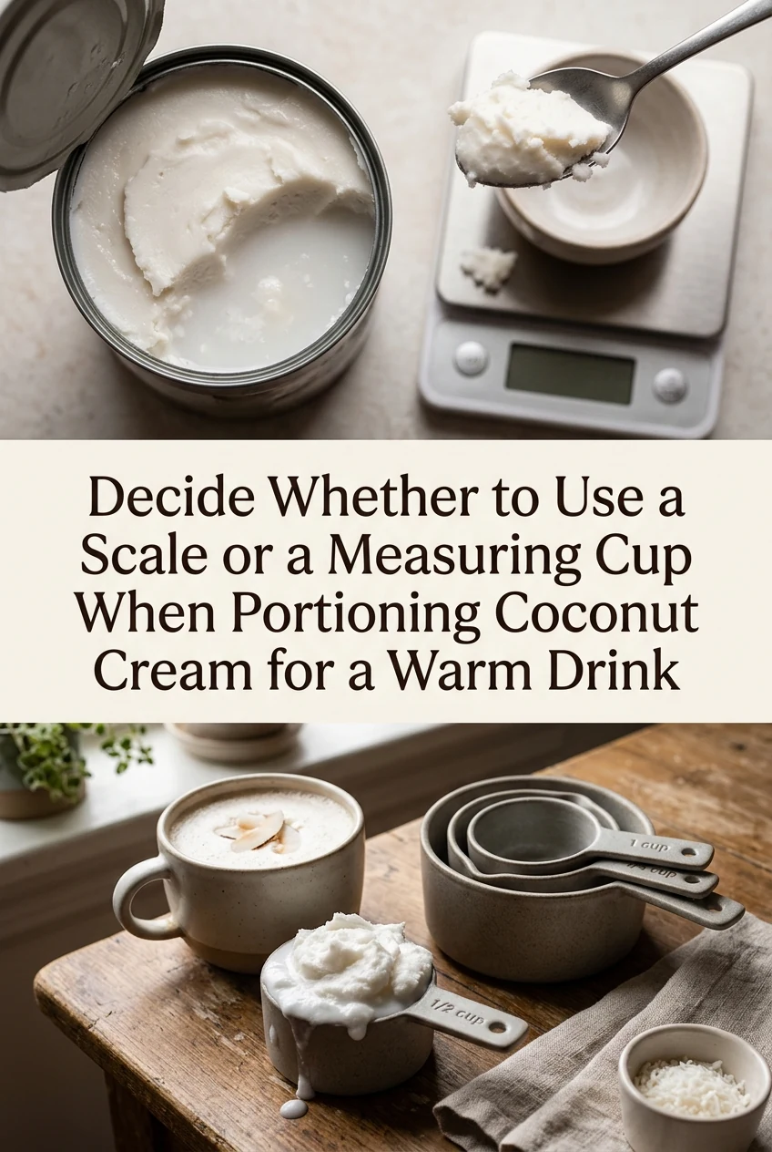 Decide Whether to Use a Scale or a Measuring Cup When Portioning Coconut Cream for a Warm Drink — AI-generated editorial illustration
