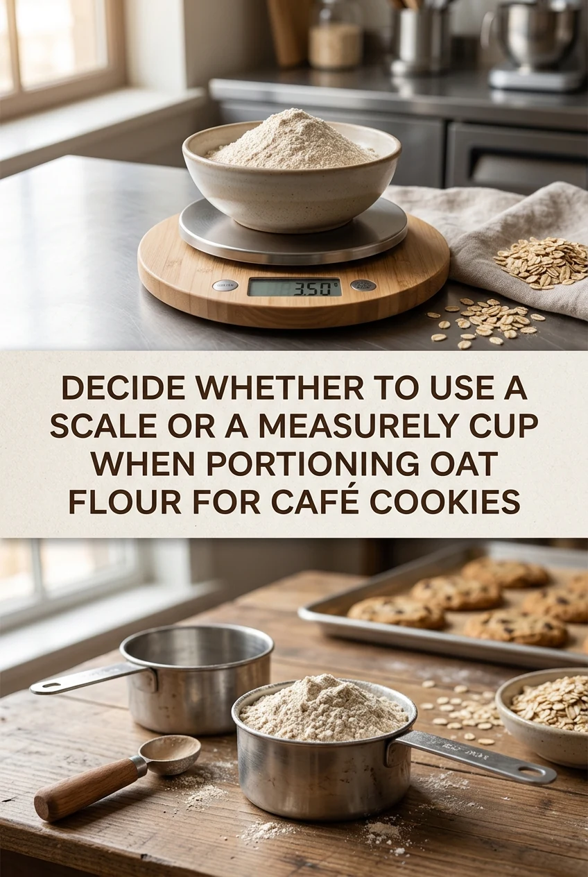 Decide Whether to Use a Scale or a Measuring Cup When Portioning Oat Flour for Café Cookies — AI-generated editorial illustration