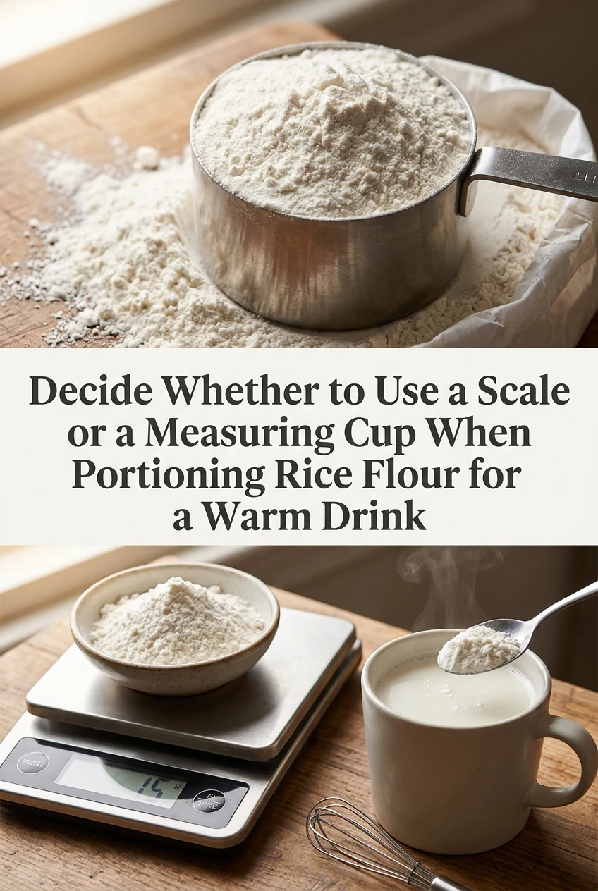 Decide Whether to Use a Scale or a Measuring Cup When Portioning Rice Flour for a Warm Drink — AI-generated editorial illustration
