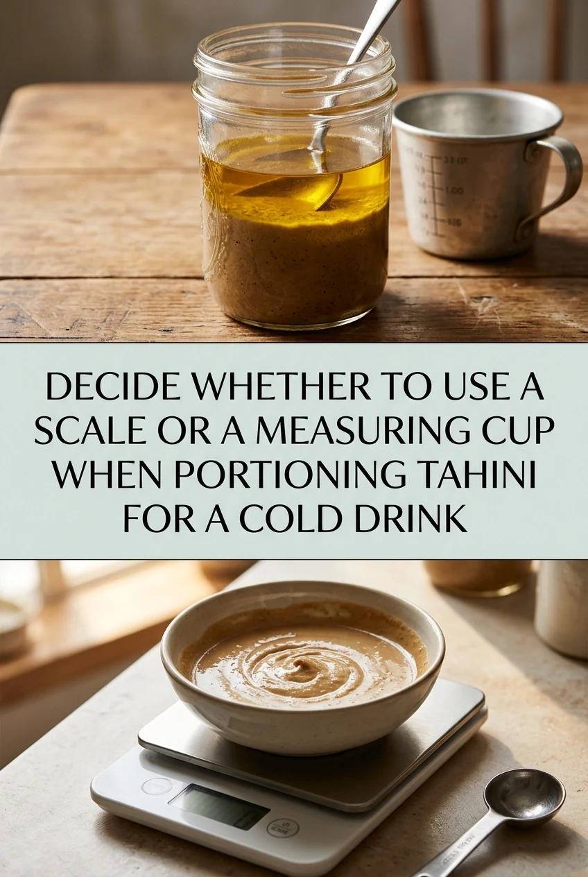 Decide Whether to Use a Scale or a Measuring Cup When Portioning Tahini for a Cold Drink — AI-generated editorial illustration