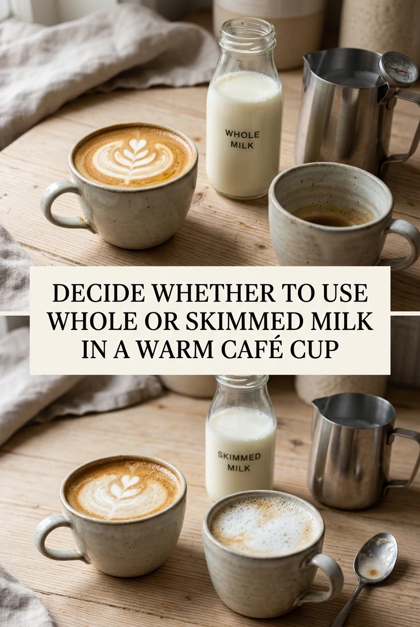 Decide Whether to Use Whole or Skimmed Milk in a Warm Café Cup — AI-generated editorial illustration