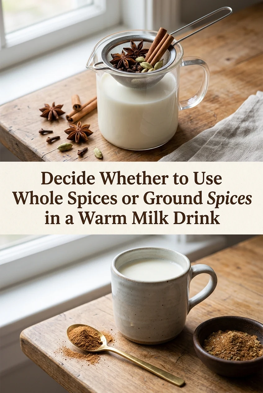 Decide Whether to Use Whole Spices or Ground Spices in a Warm Milk Drink — AI-generated editorial illustration