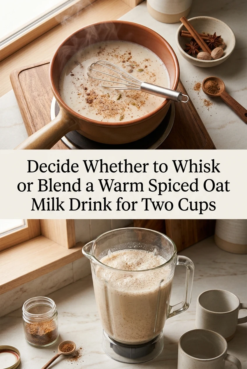 Decide Whether to Whisk or Blend a Warm Spiced Oat Milk Drink for Two Cups — AI-generated editorial illustration