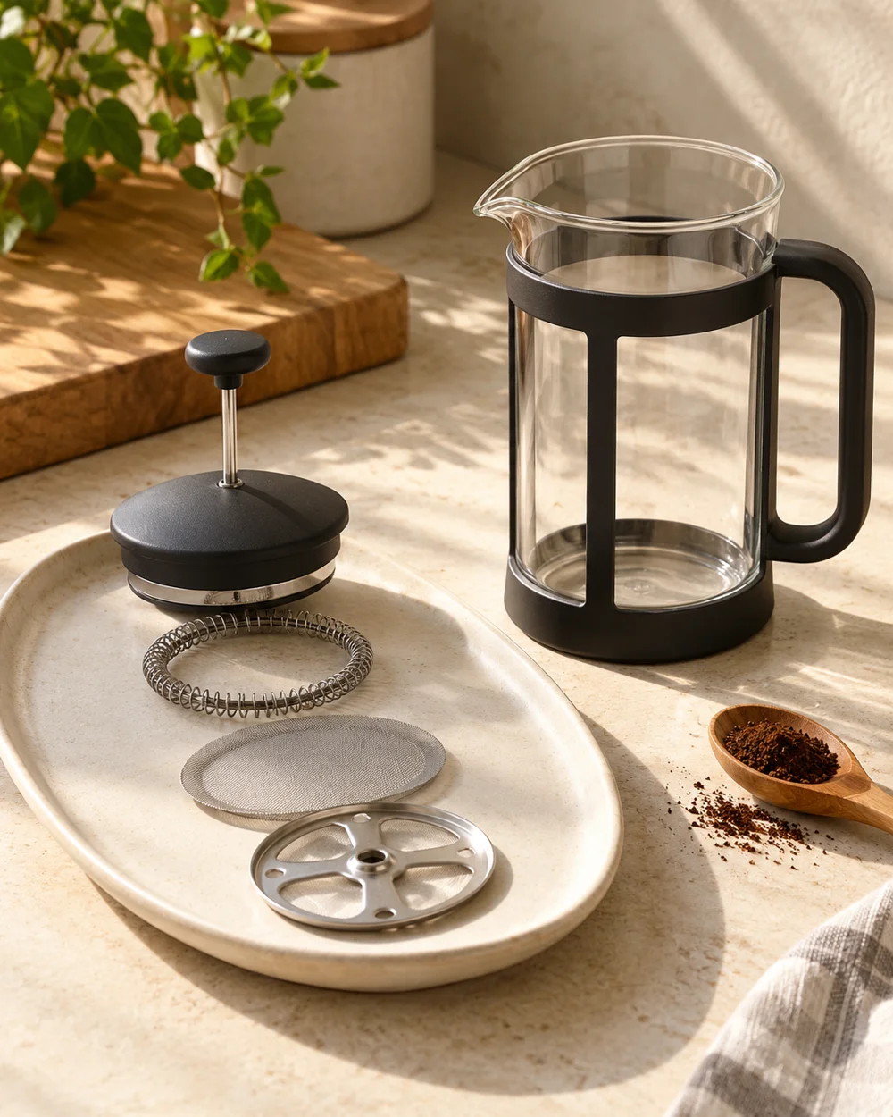 Disassemble a Coffee Press Only as Directed — AI-generated editorial illustration