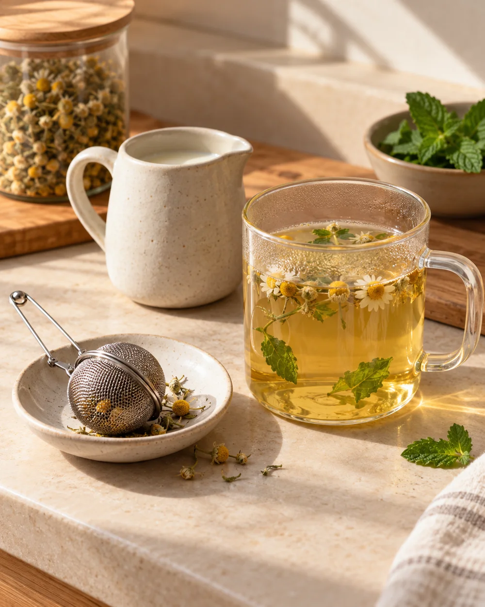 Drain a Tea Infuser Before Adding Milk — AI-generated editorial illustration
