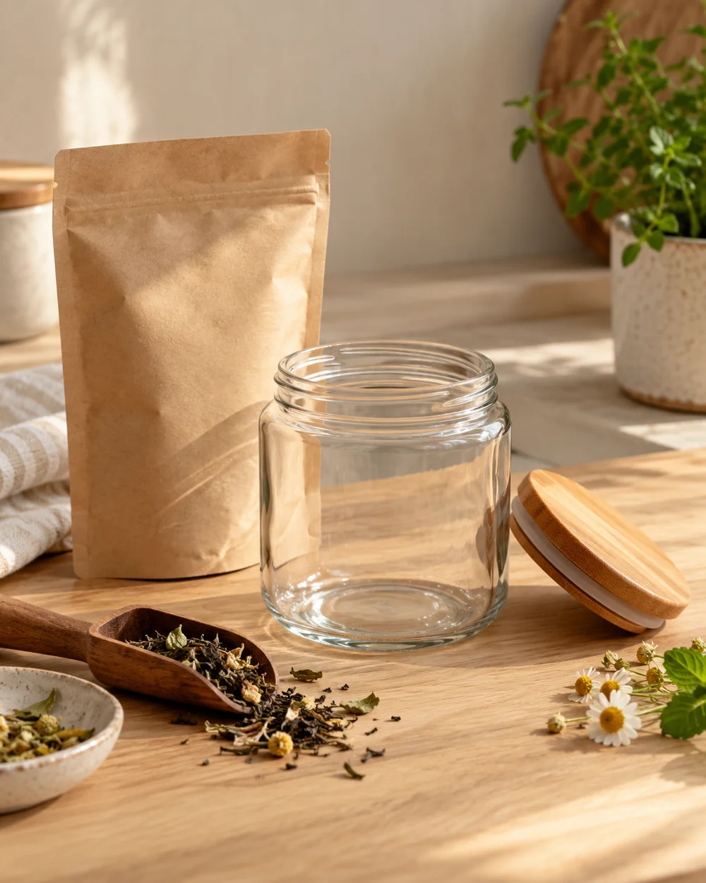 Dry Storage Jars Before Adding Dry Tea — AI-generated editorial illustration