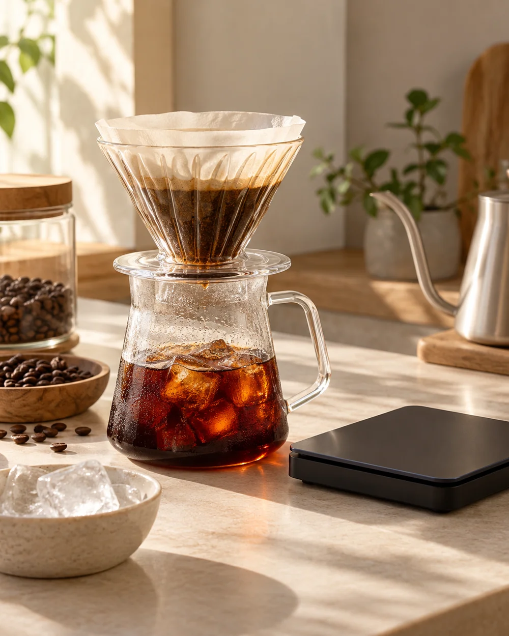 Flash-Brewed Filter Coffee Over Ice — AI-generated editorial illustration