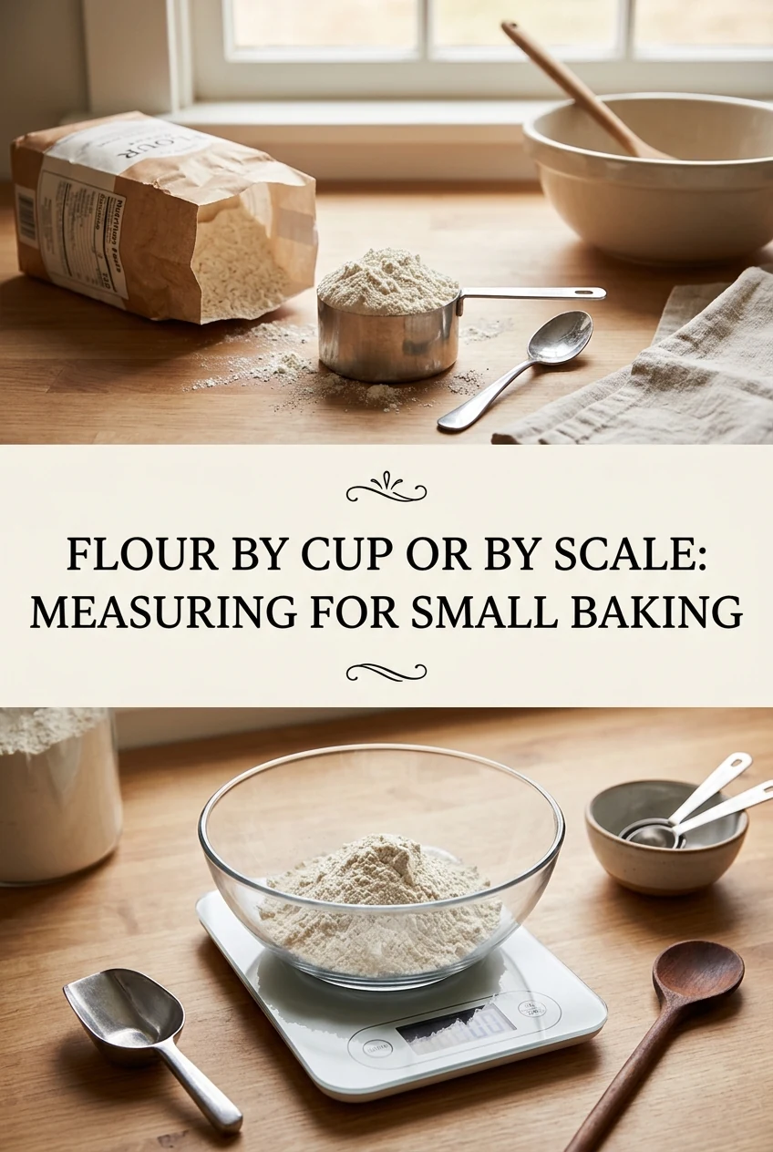 Flour by Cup or by Scale: Measuring for Small Baking — AI-generated editorial illustration