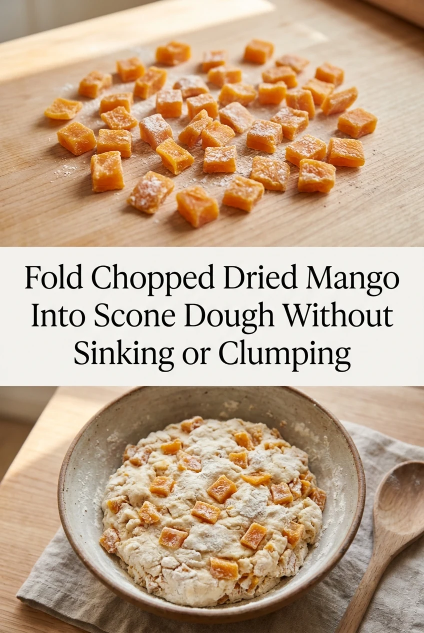 Fold Chopped Dried Mango Into Scone Dough Without Sinking or Clumping — AI-generated editorial illustration