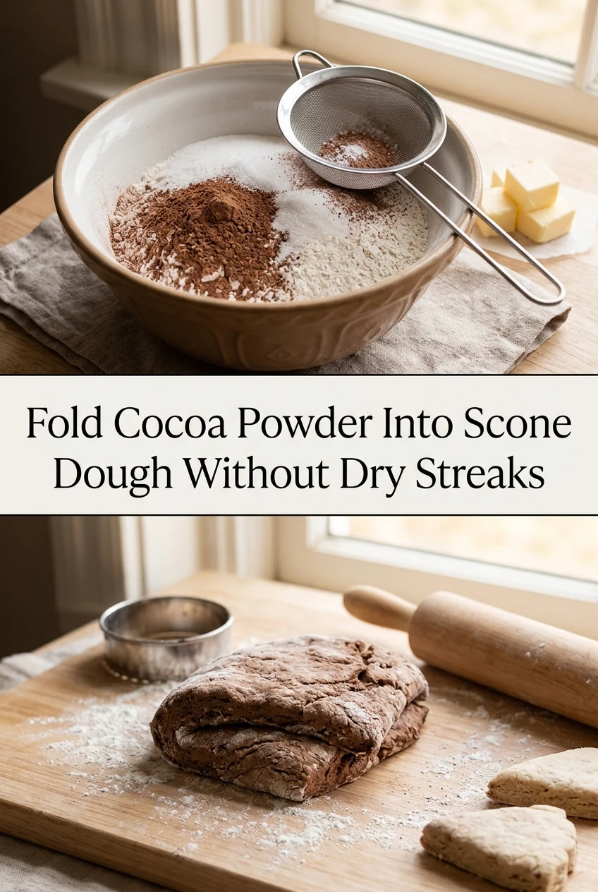 Fold Cocoa Powder Into Scone Dough Without Dry Streaks — AI-generated editorial illustration