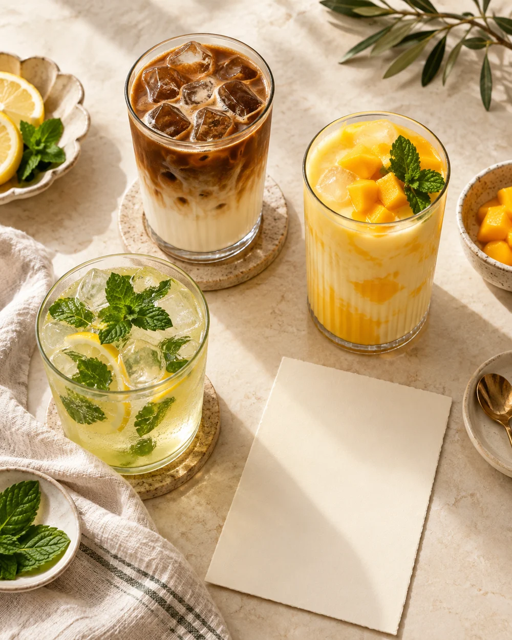 Iced latte, mango milk, and lemon-mint sparkler on a home café table — AI-generated editorial illustration