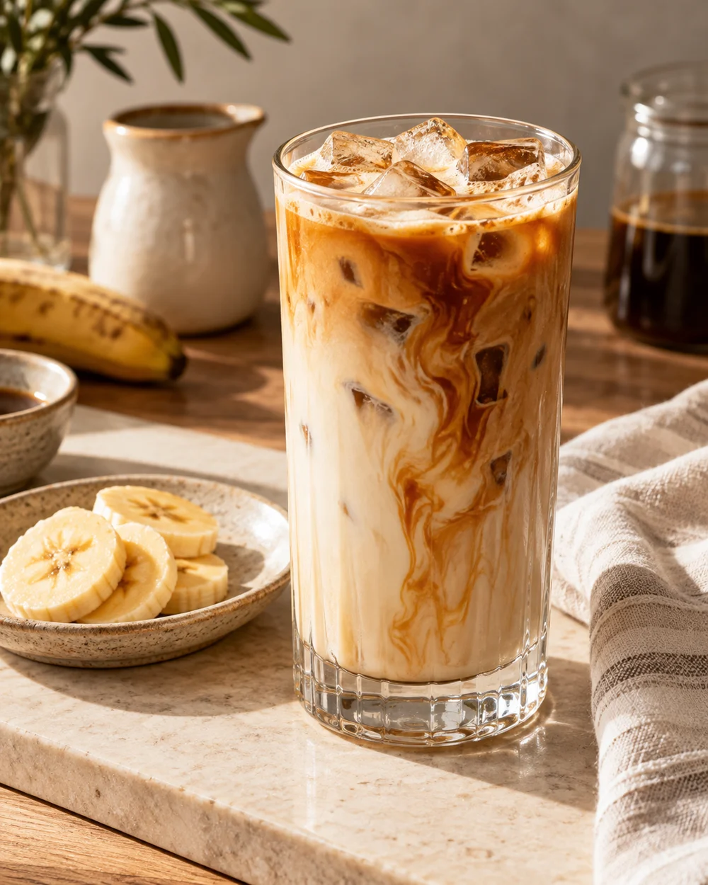 Iced banana latte with a small saucer of banana slices — AI-generated editorial illustration