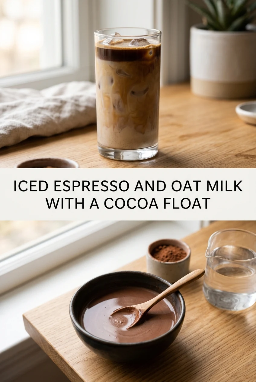 Iced Espresso and Oat Milk With a Cocoa Float — AI-generated editorial illustration