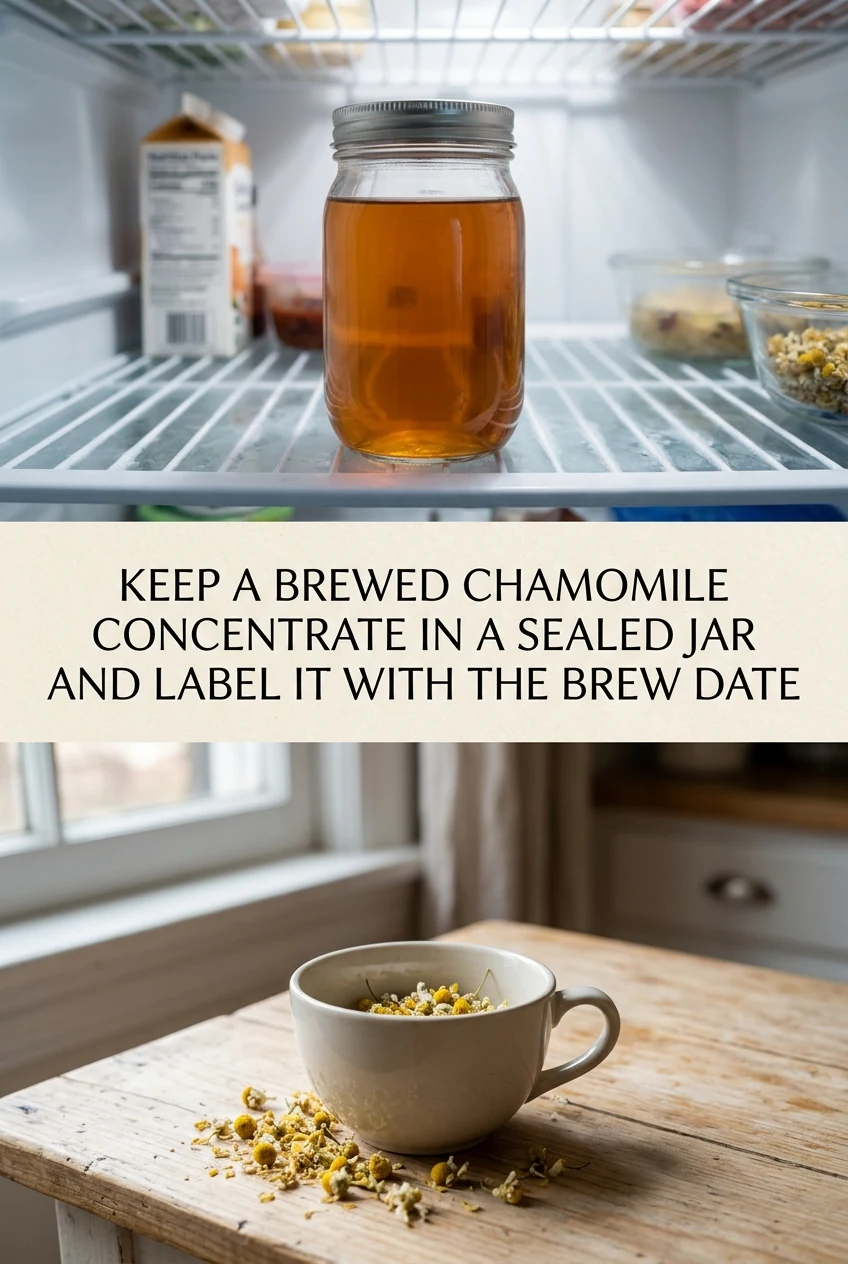 Keep a Brewed Chamomile Concentrate in a Sealed Jar and Label It With the Brew Date — AI-generated editorial illustration