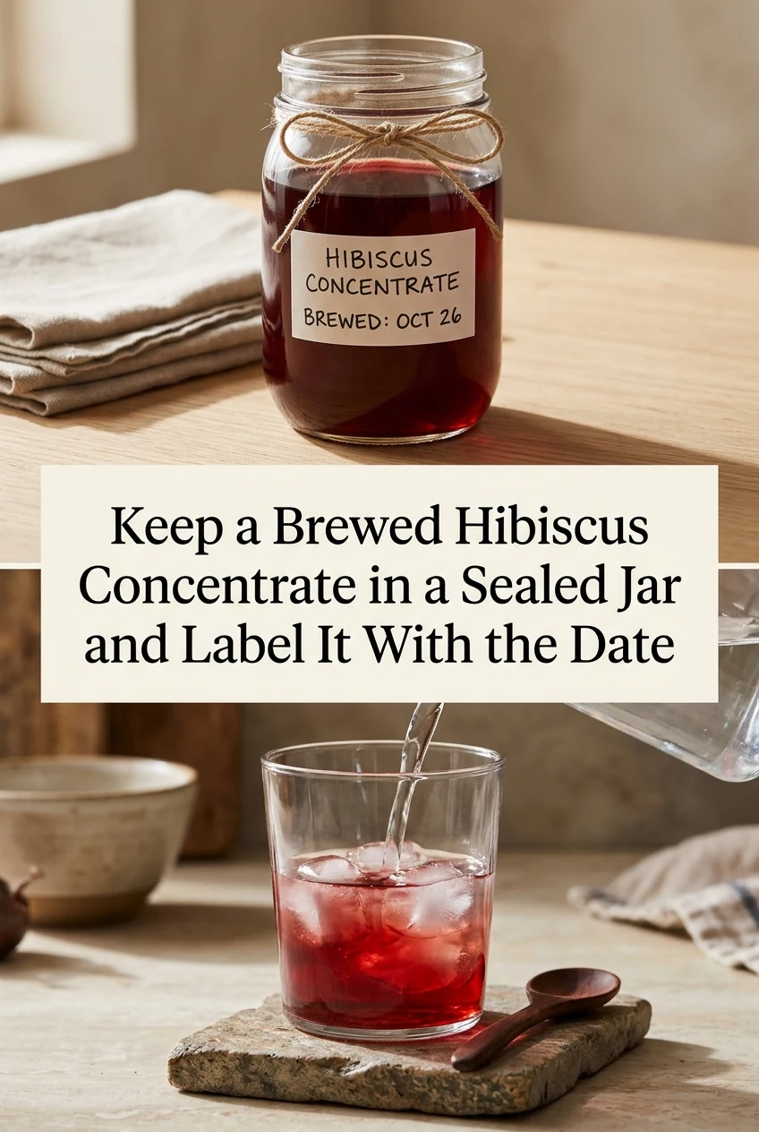 Keep a Brewed Hibiscus Concentrate in a Sealed Jar and Label It With the Date — AI-generated editorial illustration