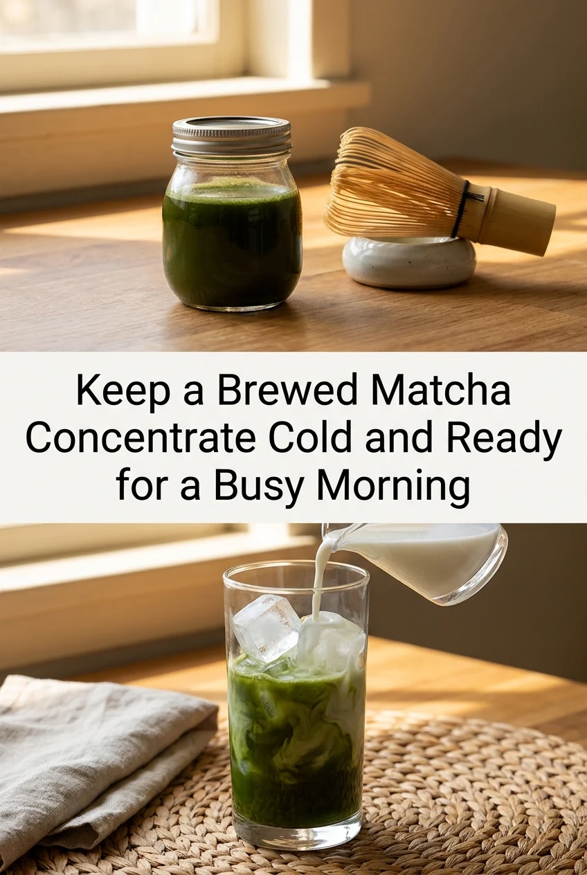 Keep a Brewed Matcha Concentrate Cold and Ready for a Busy Morning — AI-generated editorial illustration
