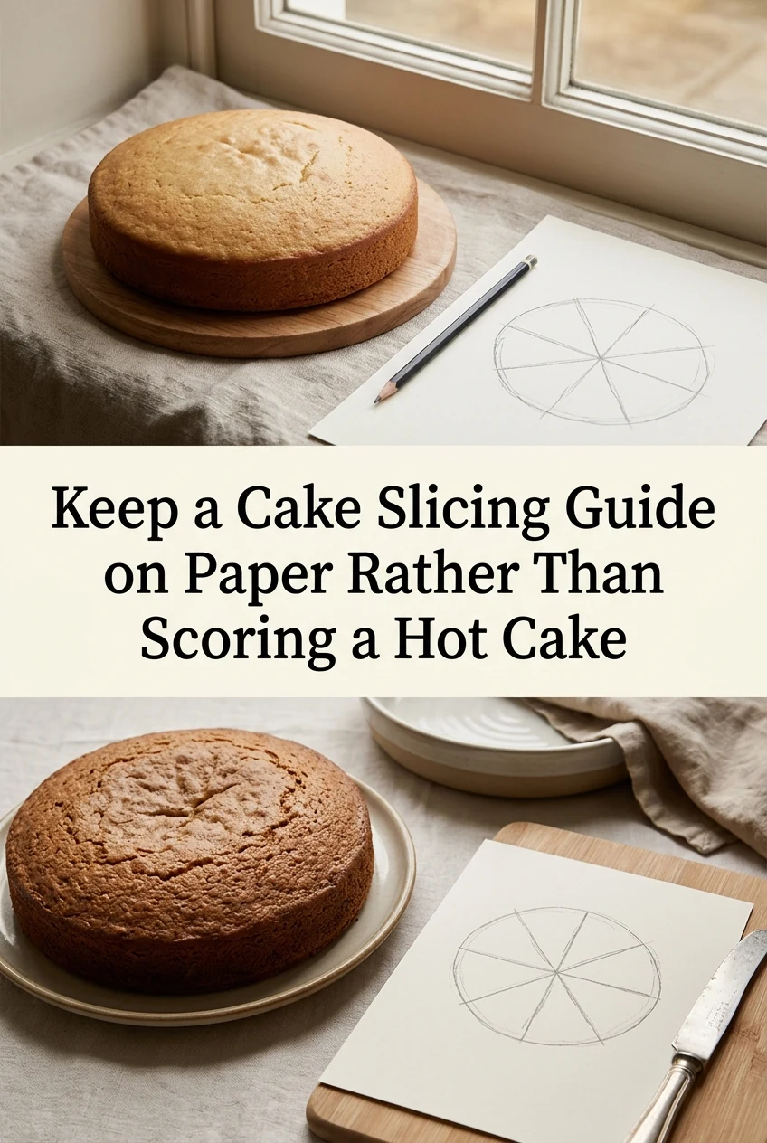 Keep a Cake Slicing Guide on Paper Rather Than Scoring a Hot Cake — AI-generated editorial illustration