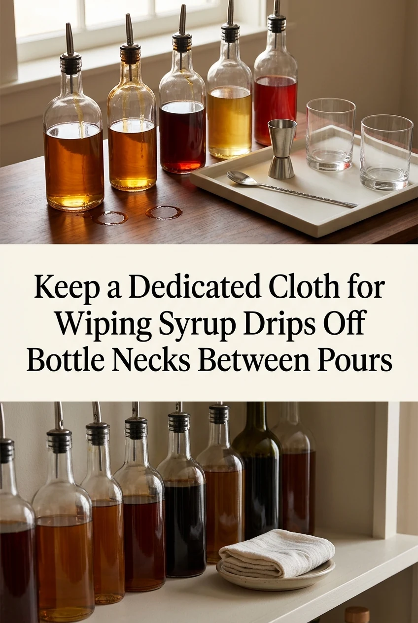 Keep a Dedicated Cloth for Wiping Syrup Drips Off Bottle Necks Between Pours — AI-generated editorial illustration
