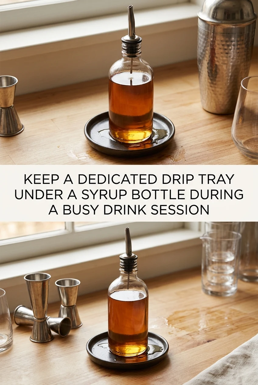 Keep a Dedicated Drip Tray Under a Syrup Bottle During a Busy Drink Session — AI-generated editorial illustration