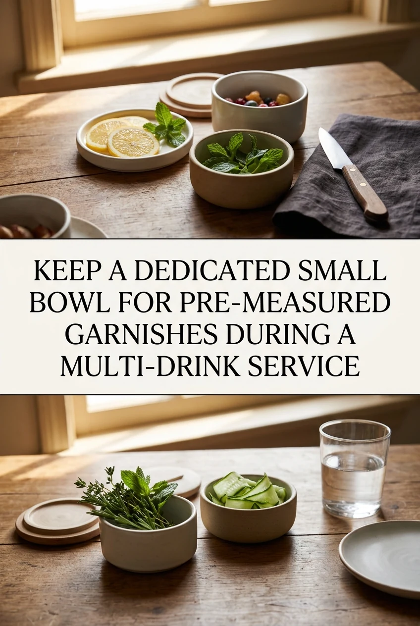 Keep a Dedicated Small Bowl for Pre-Measured Garnishes During a Multi-Drink Service — AI-generated editorial illustration
