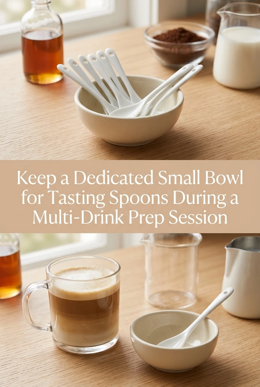 Keep a Dedicated Small Bowl for Tasting Spoons During a Multi-Drink Prep Session — AI-generated editorial illustration