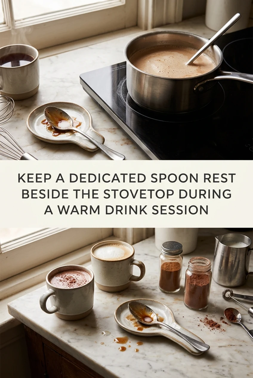 Keep a Dedicated Spoon Rest Beside the Stovetop During a Warm Drink Session — AI-generated editorial illustration