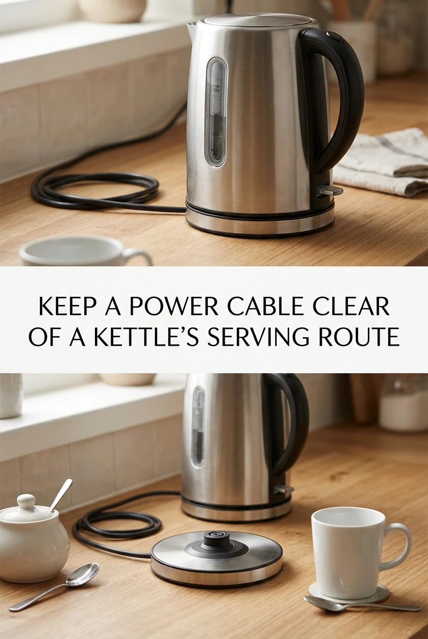 Keep a Power Cable Clear of a Kettle's Serving Route — AI-generated editorial illustration