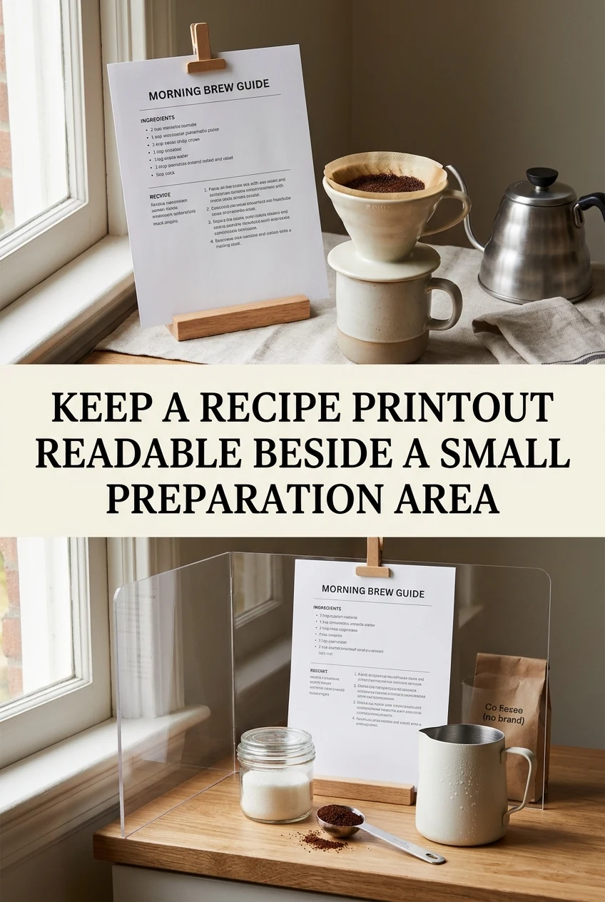 Keep a Recipe Printout Readable Beside a Small Preparation Area — AI-generated editorial illustration