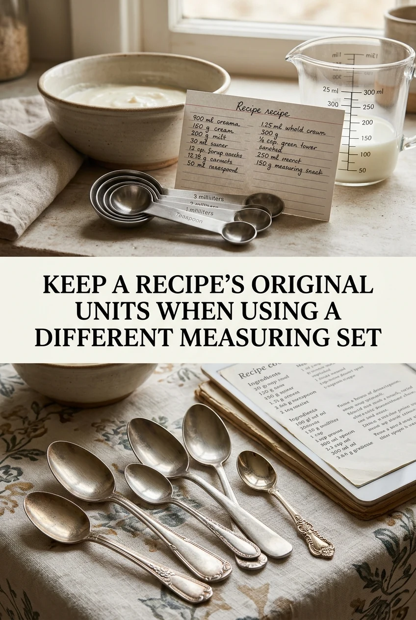 Keep a Recipe's Original Units When Using a Different Measuring Set — AI-generated editorial illustration