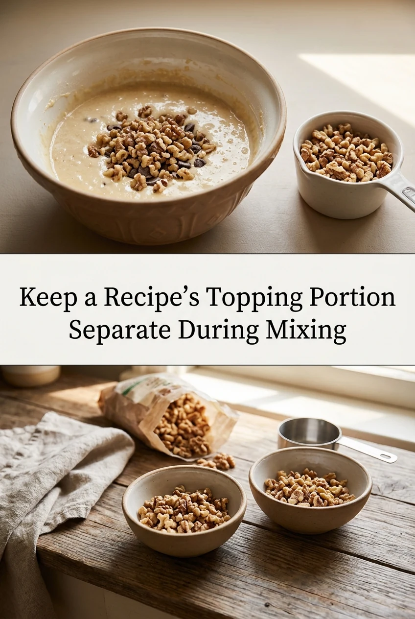 Keep a Recipe's Topping Portion Separate During Mixing — AI-generated editorial illustration