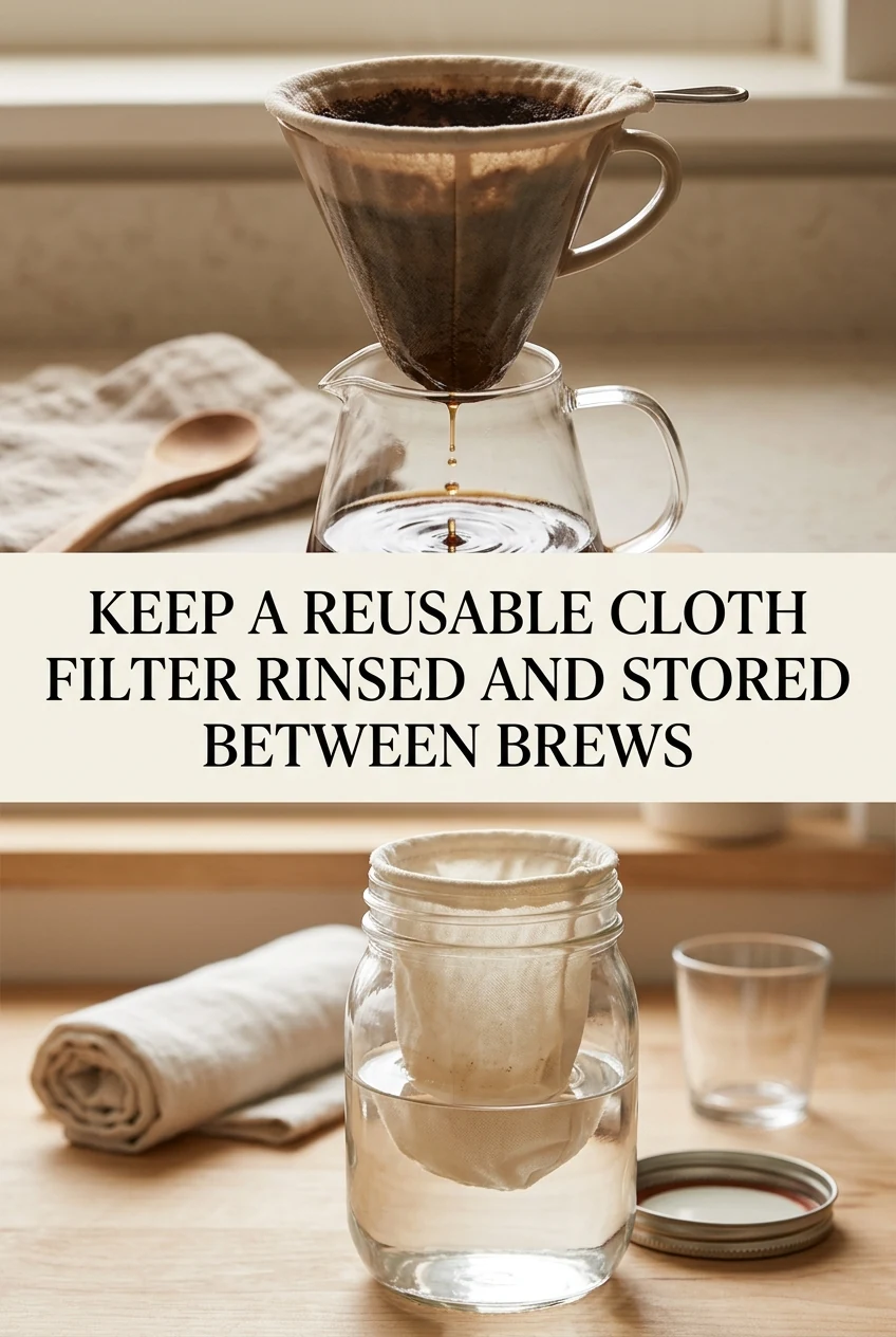 Keep a Reusable Cloth Filter Rinsed and Stored Between Brews — AI-generated editorial illustration
