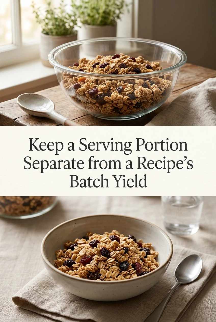 Keep a Serving Portion Separate from a Recipe's Batch Yield — AI-generated editorial illustration
