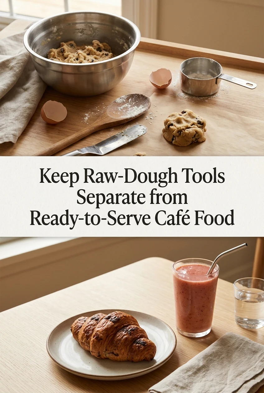 Keep Raw-Dough Tools Separate from Ready-to-Serve Cafe Food — AI-generated editorial illustration