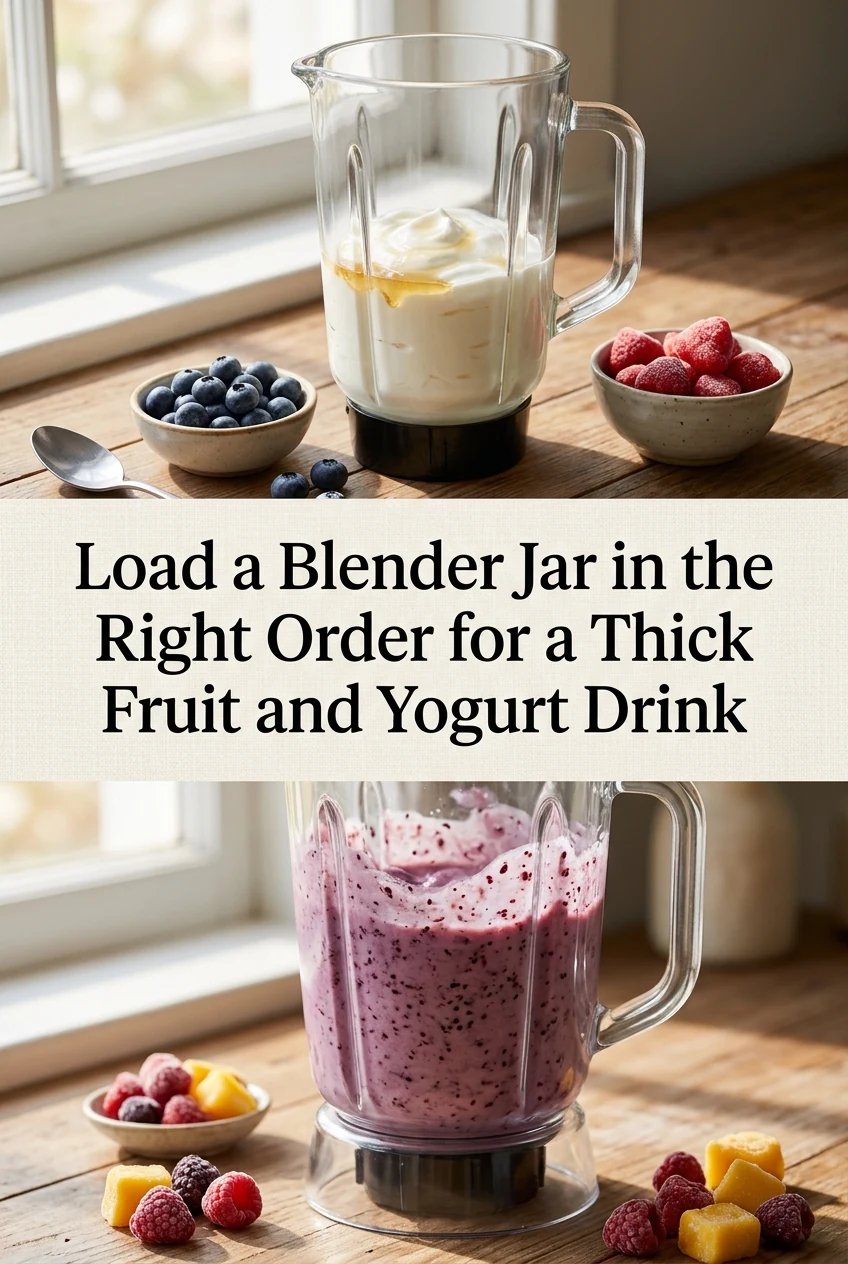 Load a Blender Jar in the Right Order for a Thick Fruit and Yogurt Drink — AI-generated editorial illustration