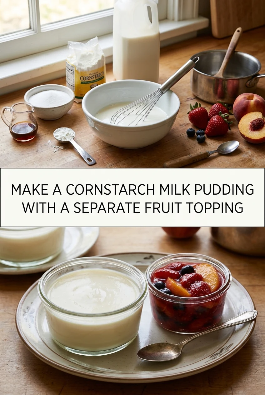 Make a Cornstarch Milk Pudding with a Separate Fruit Topping — AI-generated editorial illustration