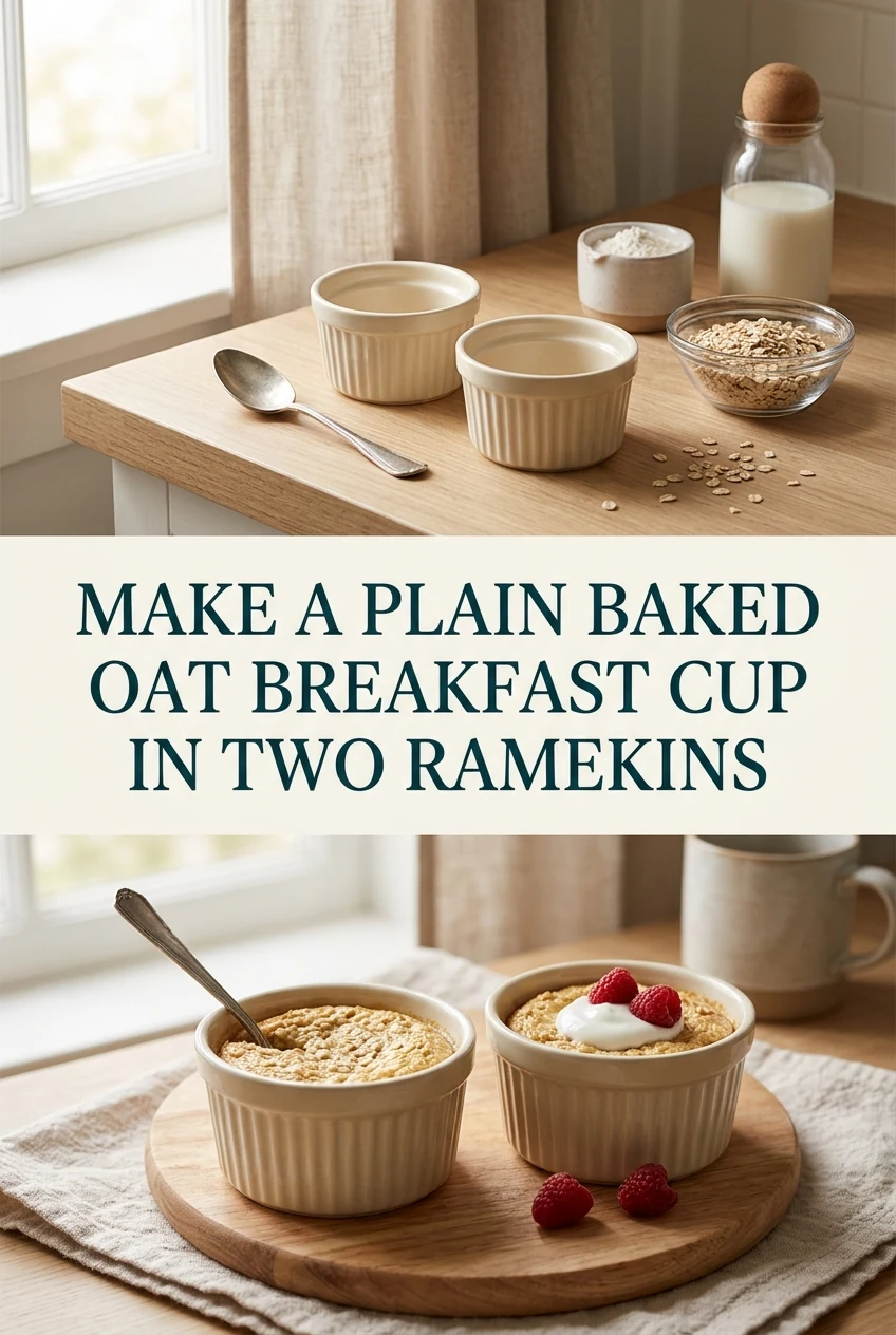 Make a Plain Baked Oat Breakfast Cup in Two Ramekins — AI-generated editorial illustration