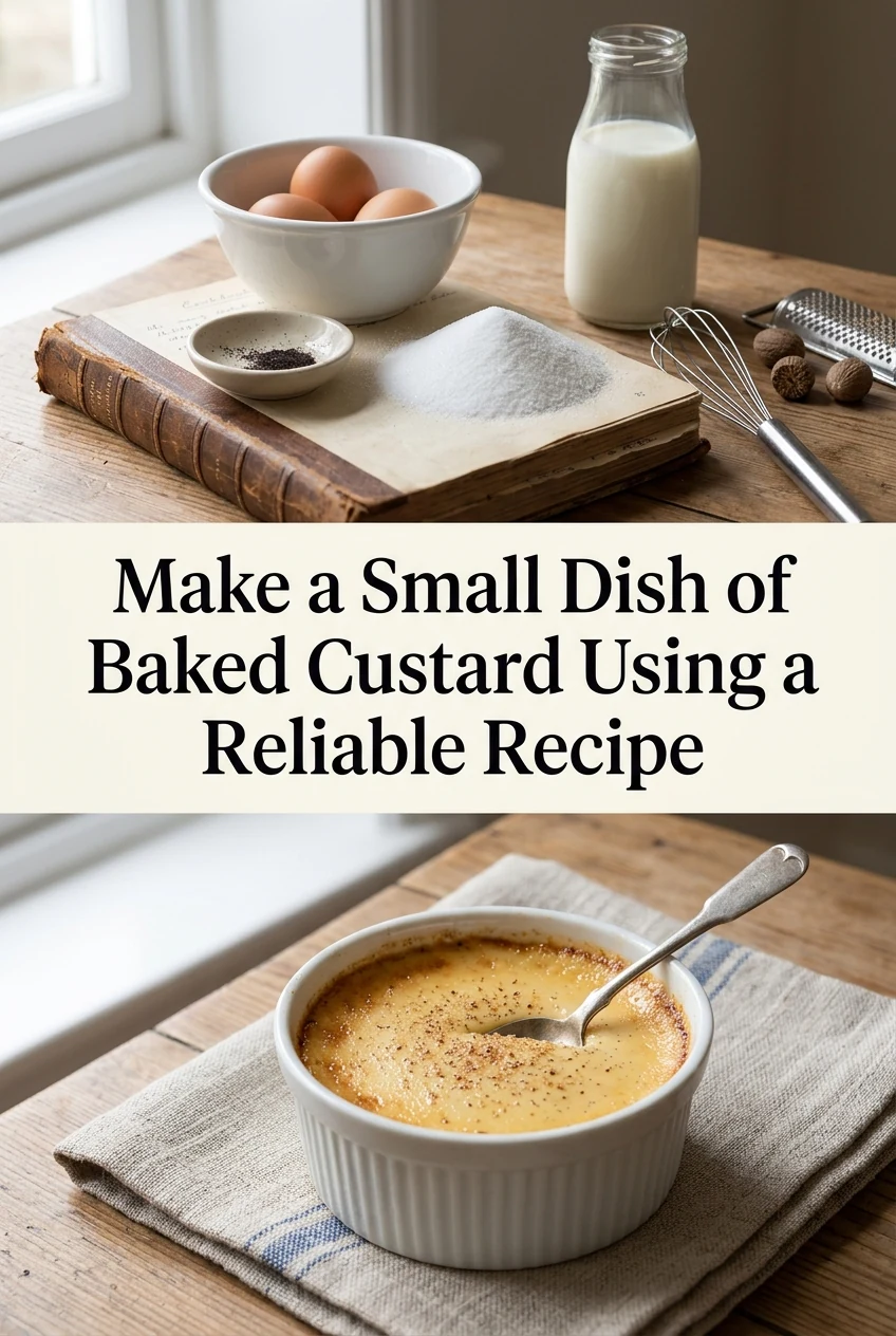 Make a Small Dish of Baked Custard Using a Reliable Recipe — AI-generated editorial illustration