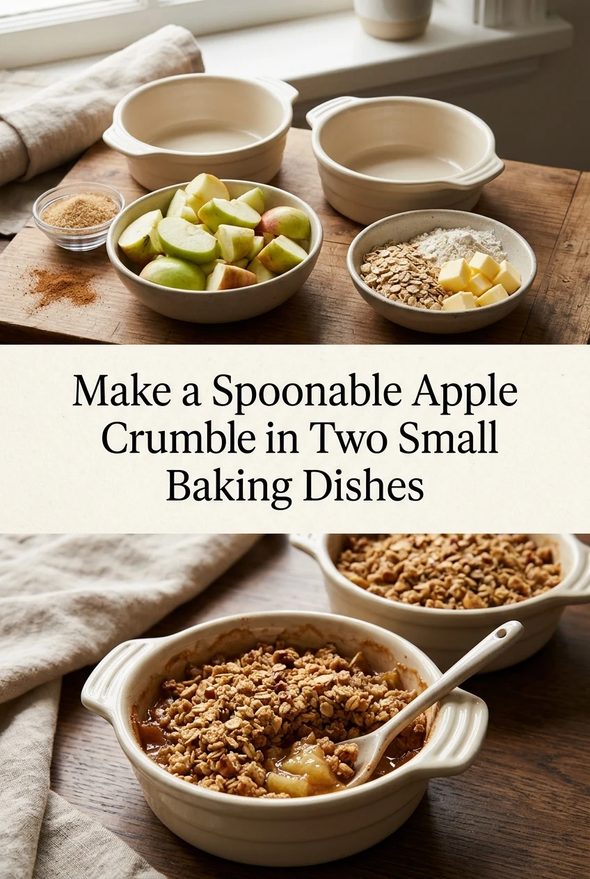 Make a Spoonable Apple Crumble in Two Small Baking Dishes — AI-generated editorial illustration