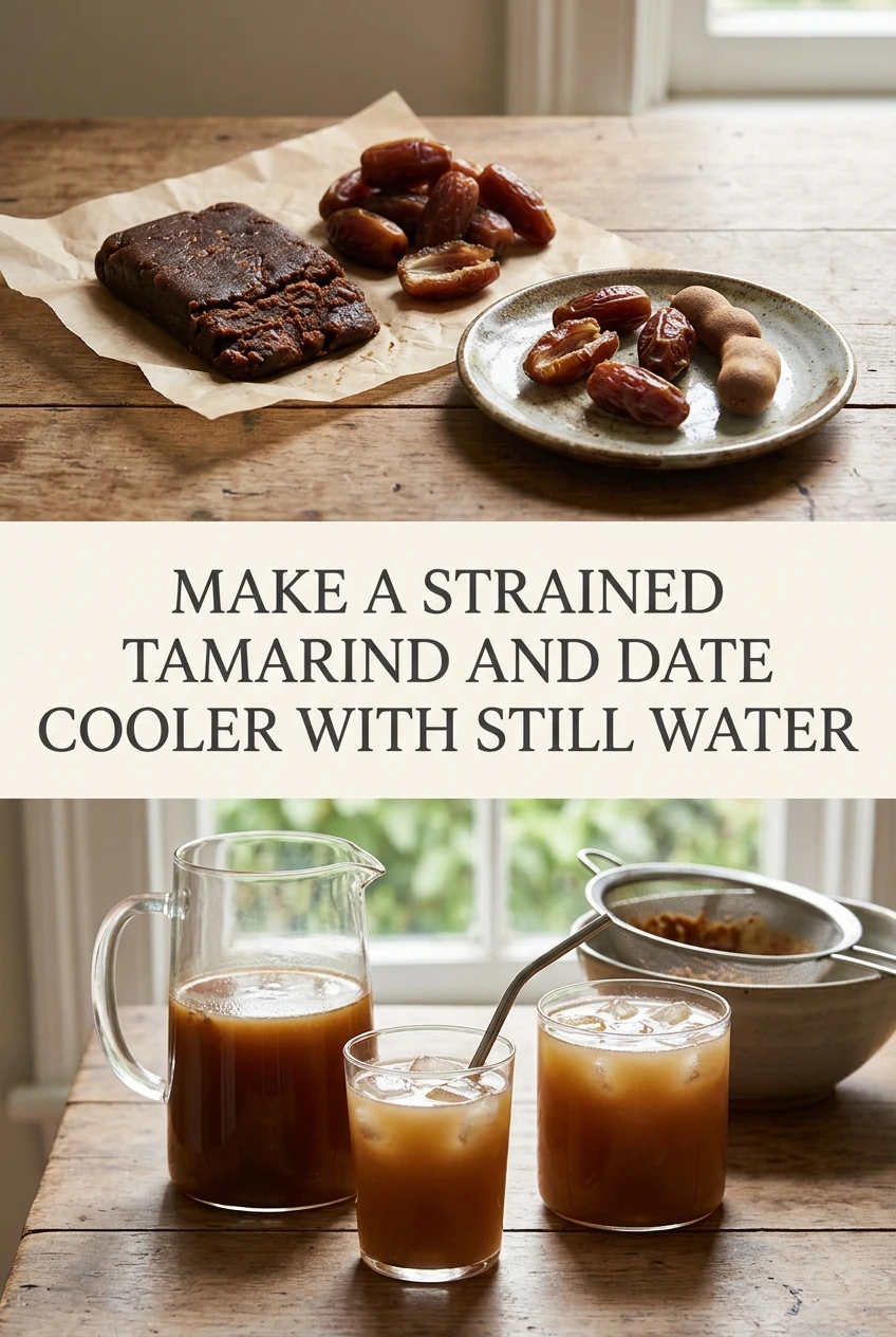 Make a Strained Tamarind and Date Cooler with Still Water — AI-generated editorial illustration