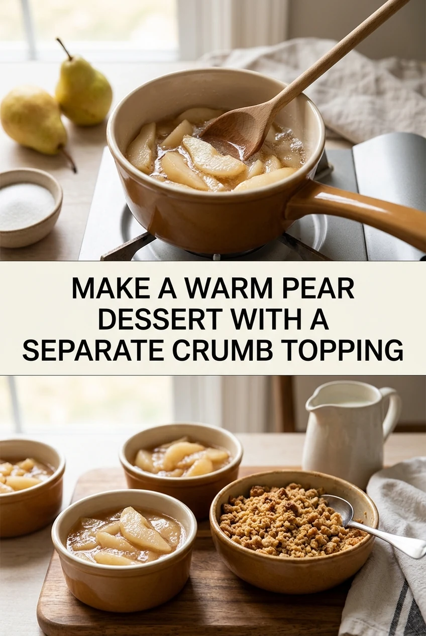 Make a Warm Pear Dessert with a Separate Crumb Topping — AI-generated editorial illustration