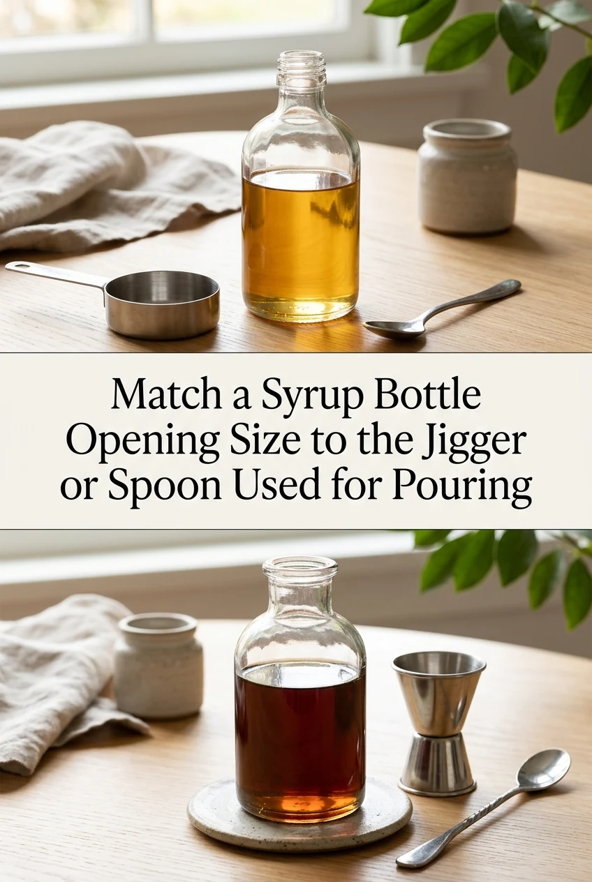 Match a Syrup Bottle Opening Size to the Jigger or Spoon Used for Pouring — AI-generated editorial illustration