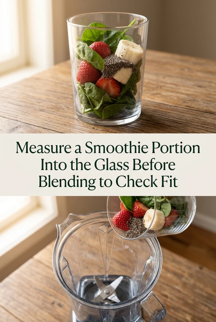 Measure a Smoothie Portion Into the Glass Before Blending to Check Fit — AI-generated editorial illustration