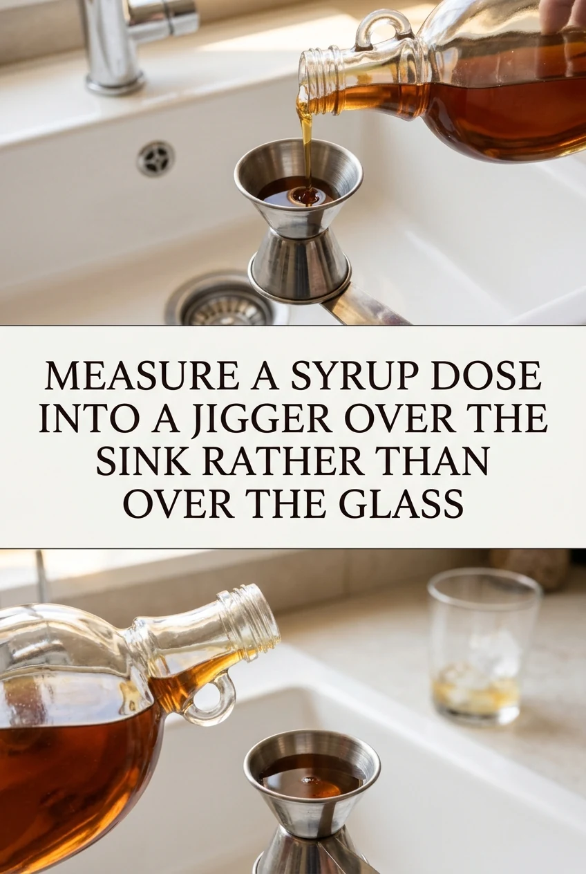 Measure a Syrup Dose Into a Jigger Over the Sink Rather Than Over the Glass — AI-generated editorial illustration