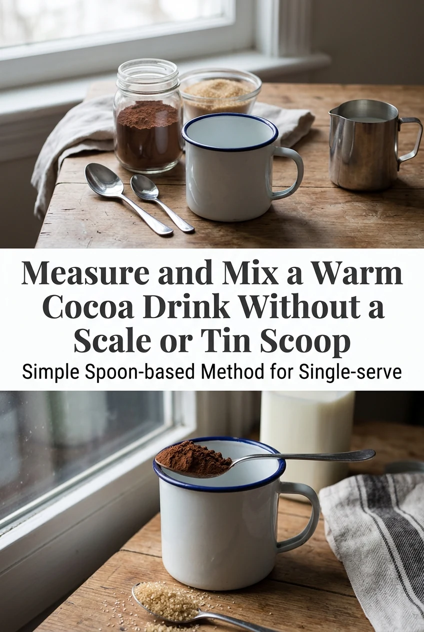 Measure and Mix a Warm Cocoa Drink Without a Scale or Tin Scoop — AI-generated editorial illustration