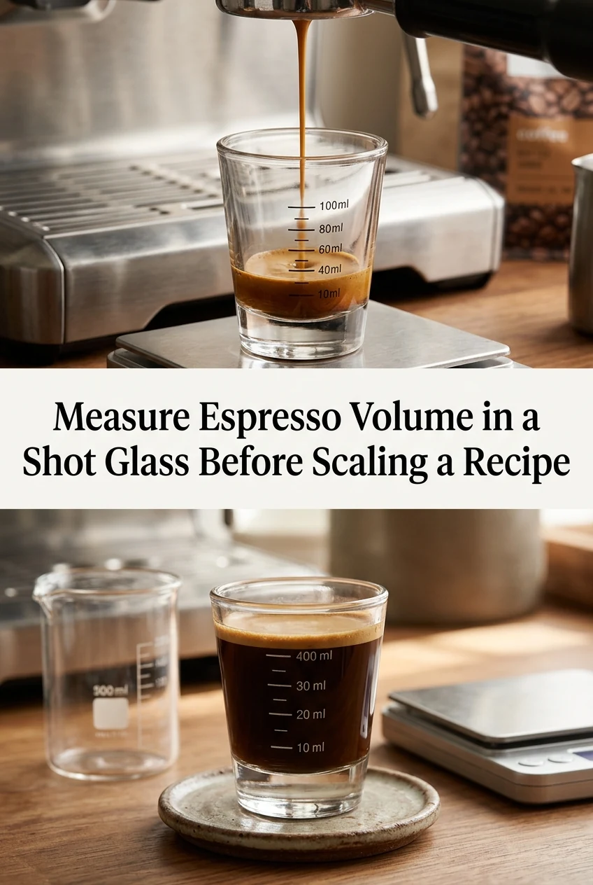 Measure Espresso Volume in a Shot Glass Before Scaling a Recipe — AI-generated editorial illustration