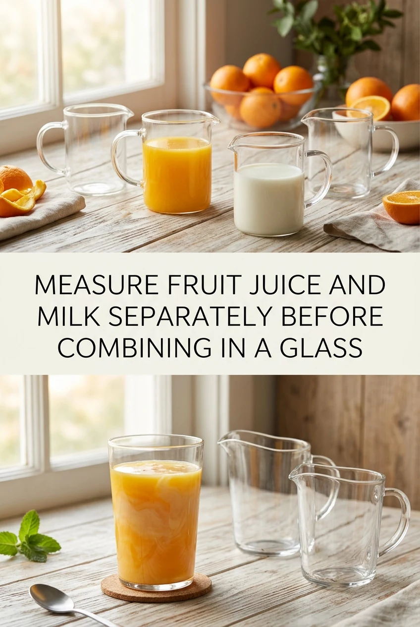 Measure Fruit Juice and Milk Separately Before Combining in a Glass — AI-generated editorial illustration