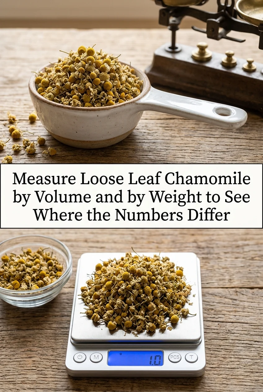 Measure Loose Leaf Chamomile by Volume and by Weight to See Where the Numbers Differ — AI-generated editorial illustration