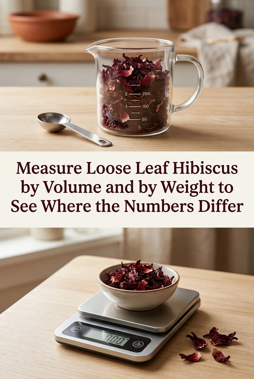 Measure Loose Leaf Hibiscus by Volume and by Weight to See Where the Numbers Differ — AI-generated editorial illustration