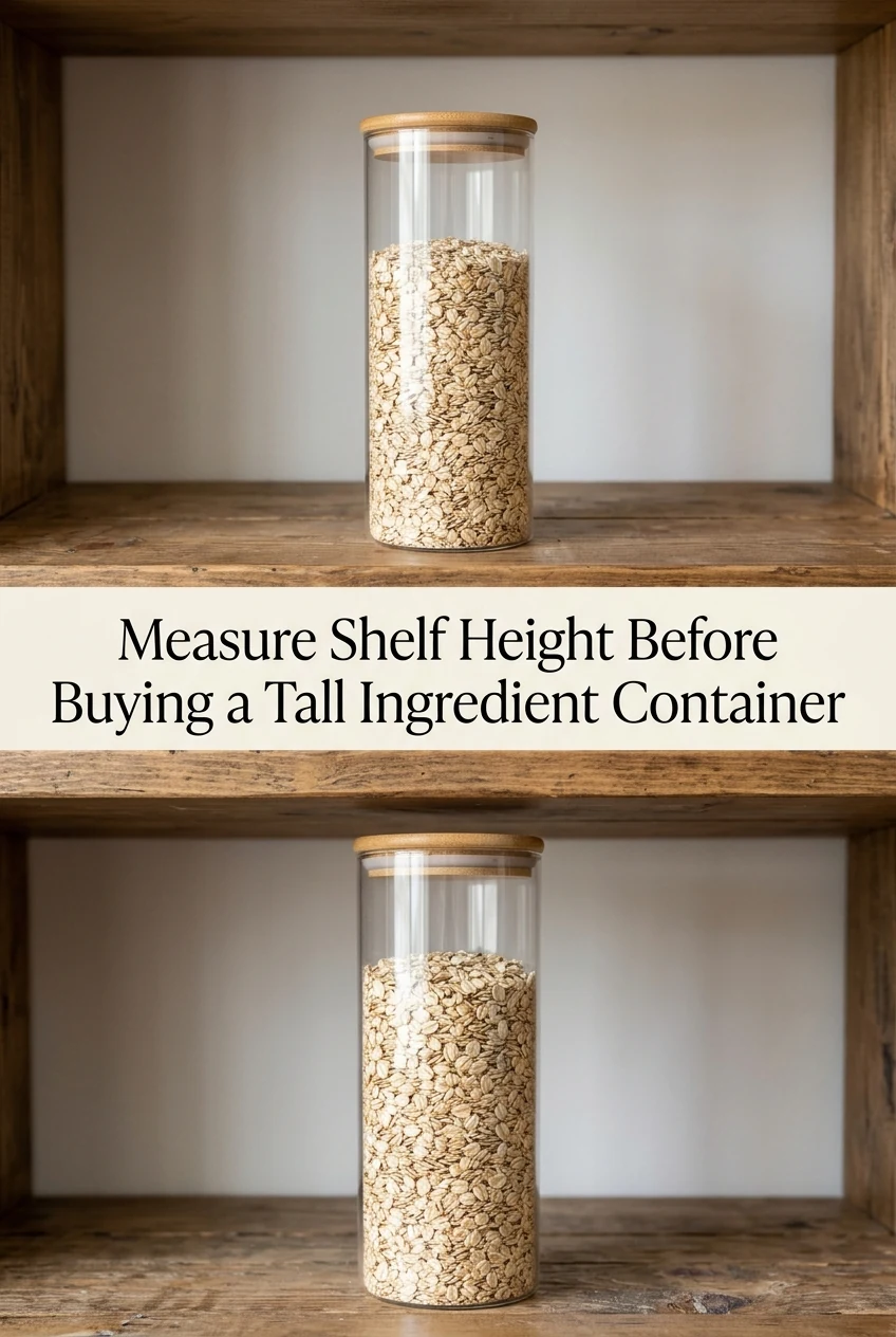 Measure Shelf Height Before Buying a Tall Ingredient Container — AI-generated editorial illustration