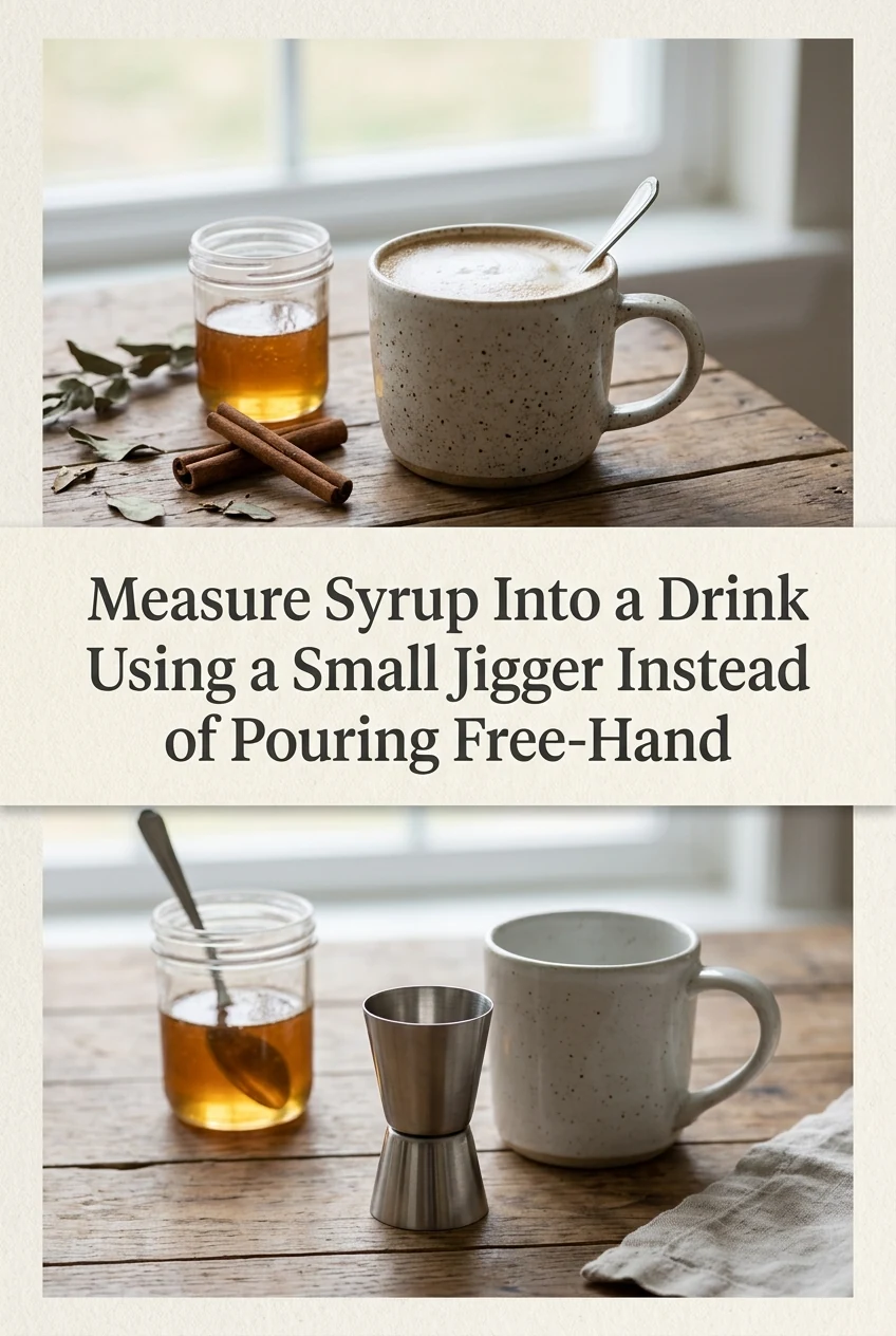 Measure Syrup Into a Drink Using a Small Jigger Instead of Pouring Free-Hand — AI-generated editorial illustration
